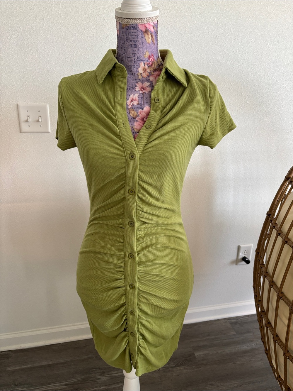 Women’s Olive Green Ruched Button-Front Polo Dress